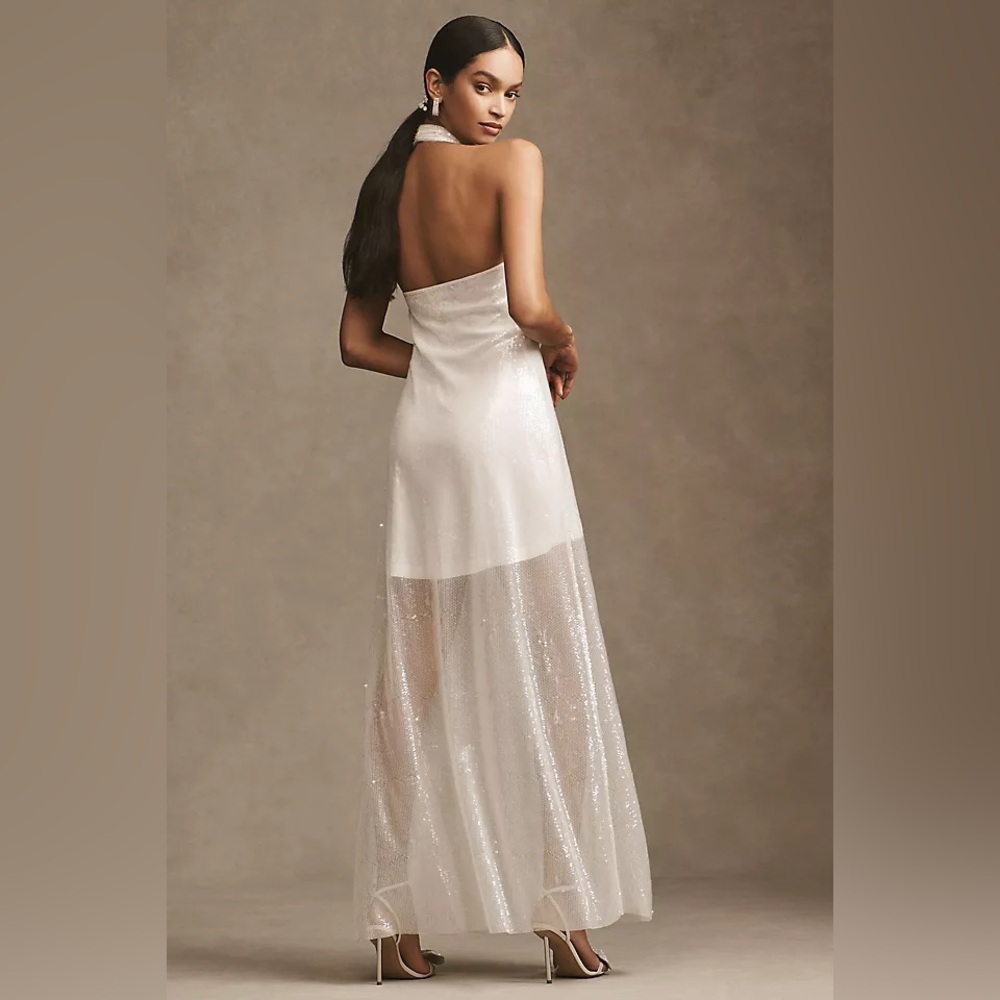 BHLDN April Sequin Halter V-Neck Dress White Wedding Maxi NWOT
